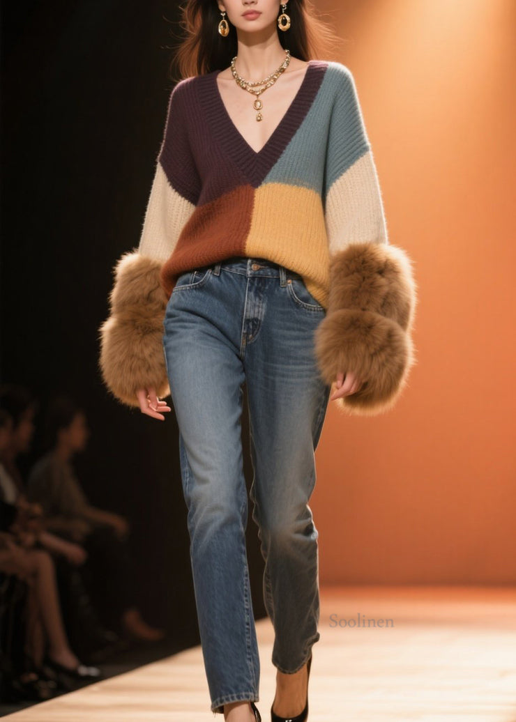 Beautiful Colorblock V Neck Fuzzy Fur Fluffy Patchwork Knit Sweaters Fall