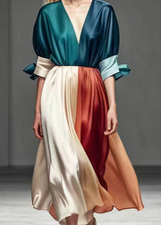 Beautiful Colorblock V Neck Patchwork Exra Large Hem Silk Dress Summer