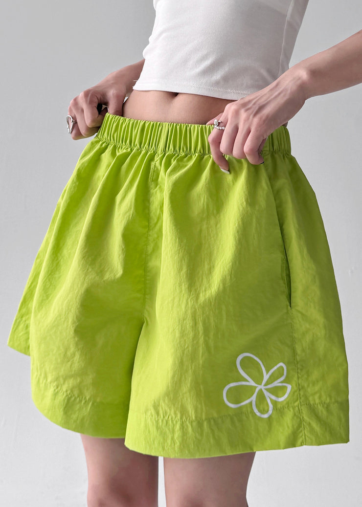 Beautiful Fluorescent Green Floral Print Sports Shorts Summer