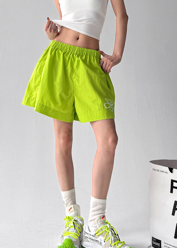 Beautiful Fluorescent Green Floral Print Sports Shorts Summer