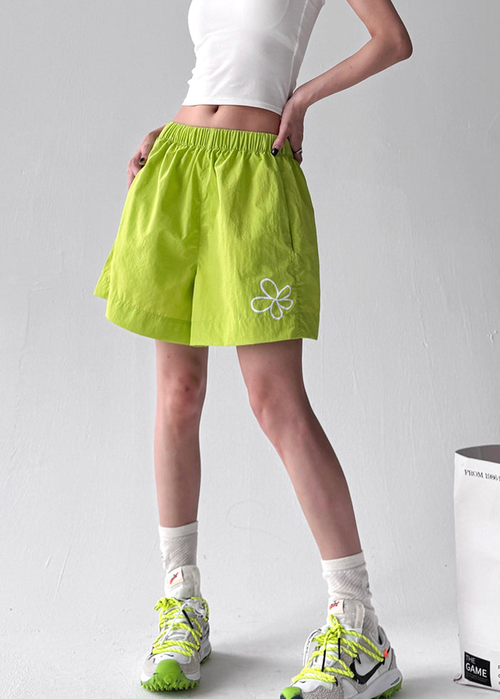 Beautiful Fluorescent Green Floral Print Sports Shorts Summer