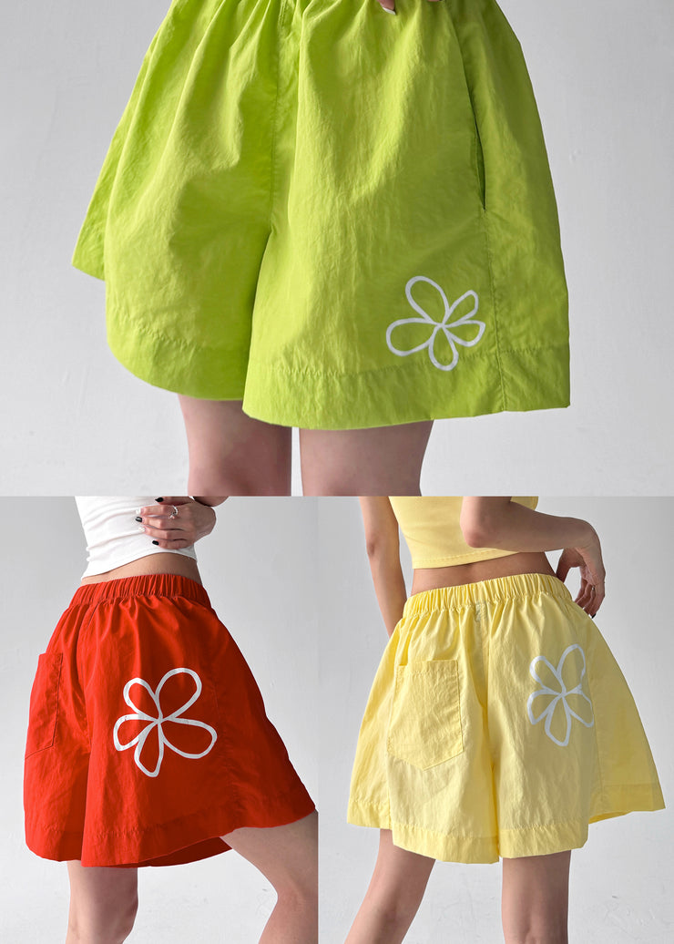 Beautiful Fluorescent Green Floral Print Sports Shorts Summer