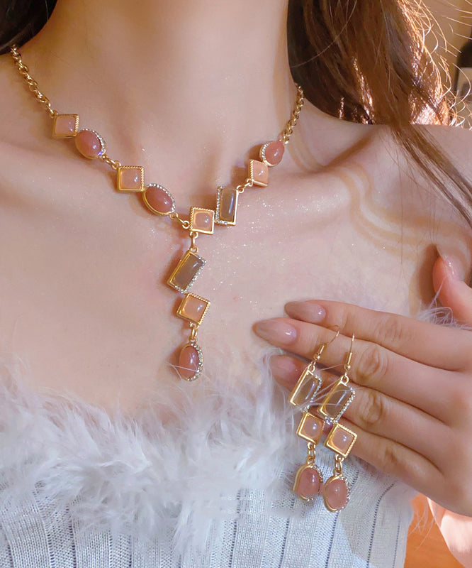Beautiful Gold Copper Alloy Zircon Tassel Pendant Necklace And Drop Earrings Two-Piece Set