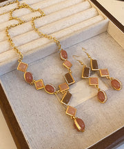 Beautiful Gold Copper Alloy Zircon Tassel Pendant Necklace And Drop Earrings Two-Piece Set