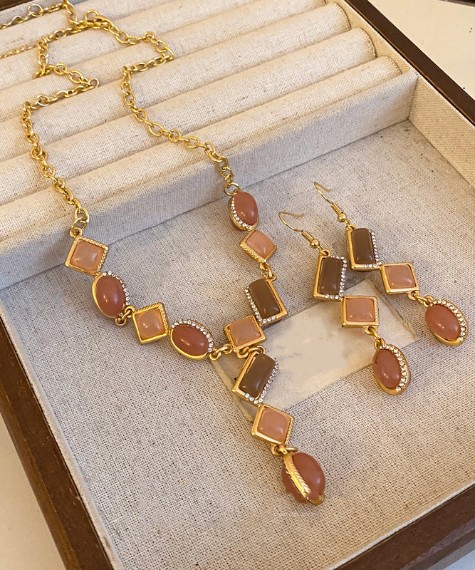 Beautiful Gold Copper Alloy Zircon Tassel Pendant Necklace And Drop Earrings Two-Piece Set