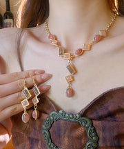 Beautiful Gold Copper Alloy Zircon Tassel Pendant Necklace And Drop Earrings Two-Piece Set