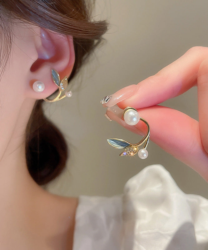 Beautiful Gold Copper Overgild Zircon Pearl Leaf Hoop Earrings