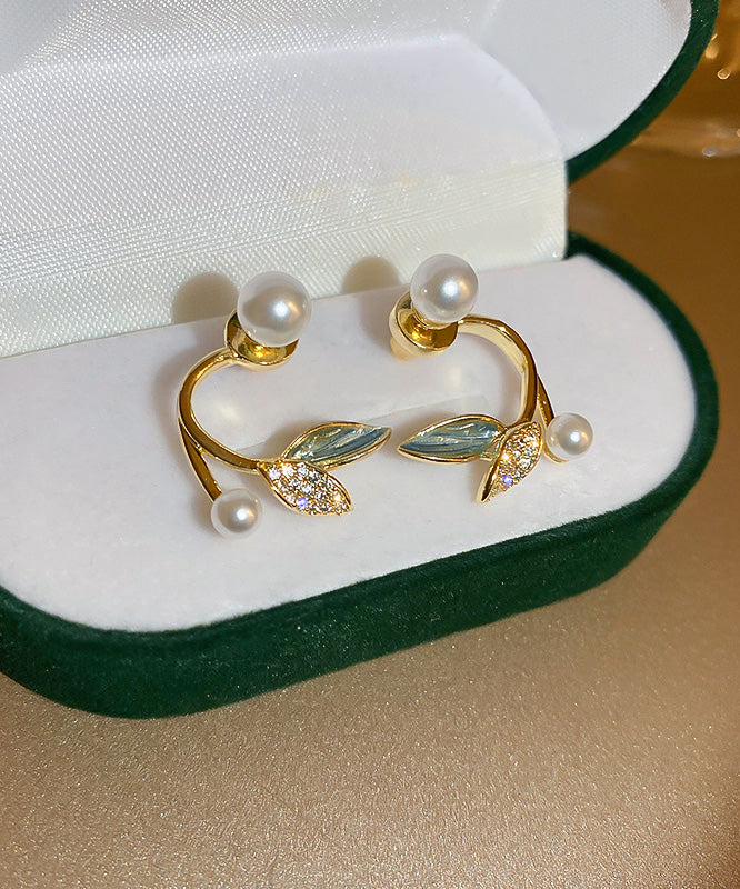 Beautiful Gold Copper Overgild Zircon Pearl Leaf Hoop Earrings