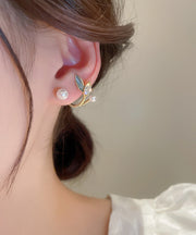 Beautiful Gold Copper Overgild Zircon Pearl Leaf Hoop Earrings