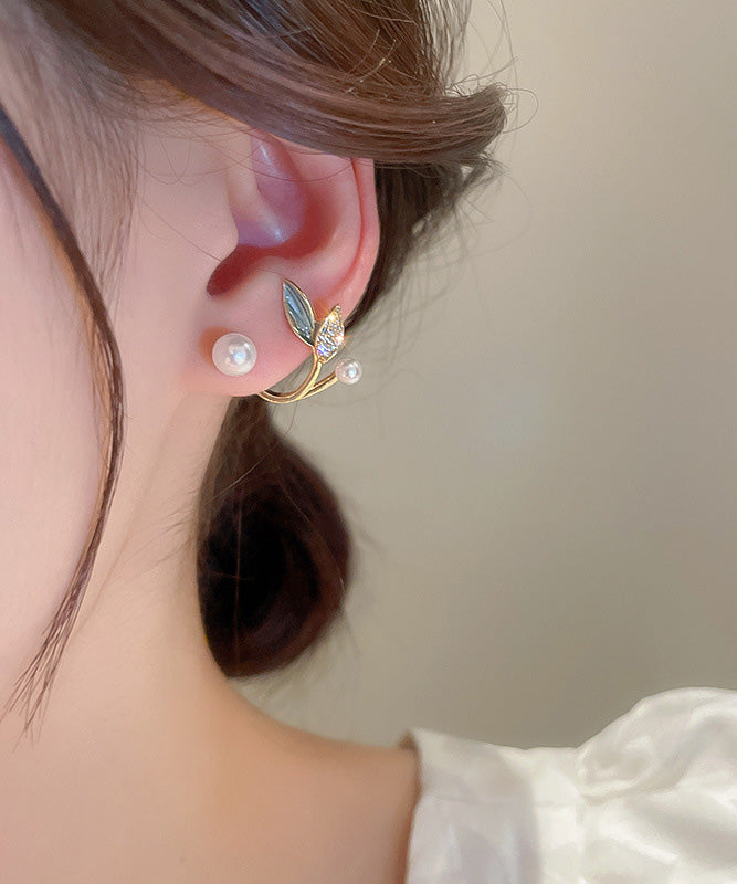 Beautiful Gold Copper Overgild Zircon Pearl Leaf Hoop Earrings