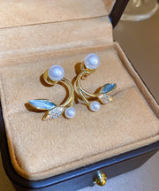 Beautiful Gold Copper Overgild Zircon Pearl Leaf Hoop Earrings
