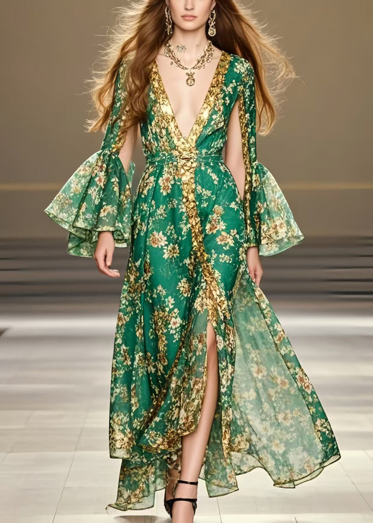 Beautiful Green Deep-V Neck Print Chiffon Party Dresses Flare Sleeve