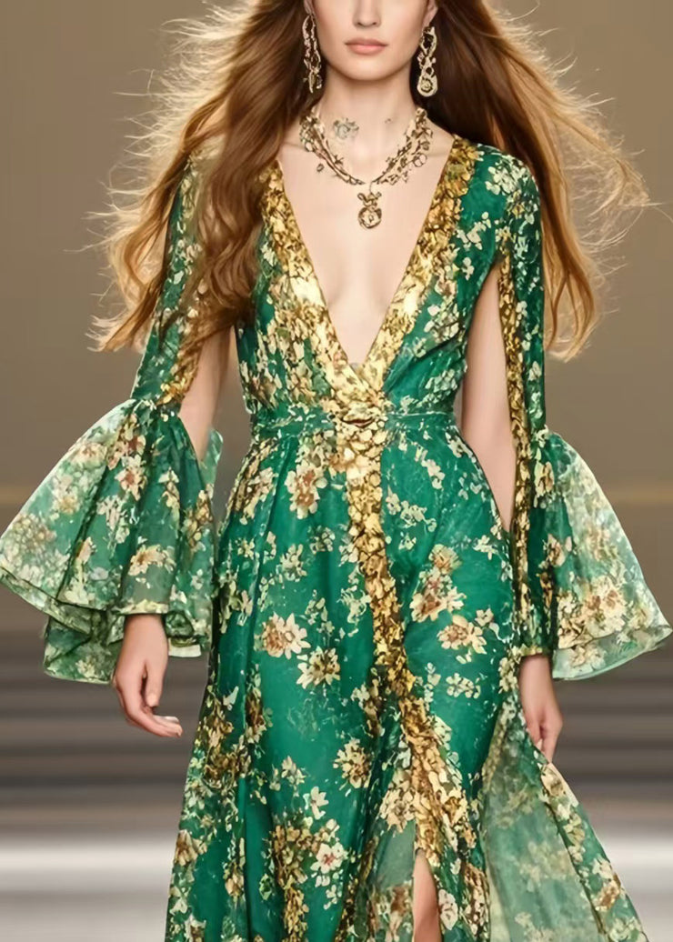 Beautiful Green Deep-V Neck Print Chiffon Party Dresses Flare Sleeve