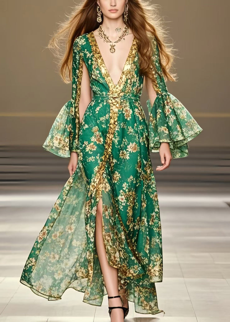 Beautiful Green Deep-V Neck Print Chiffon Party Dresses Flare Sleeve