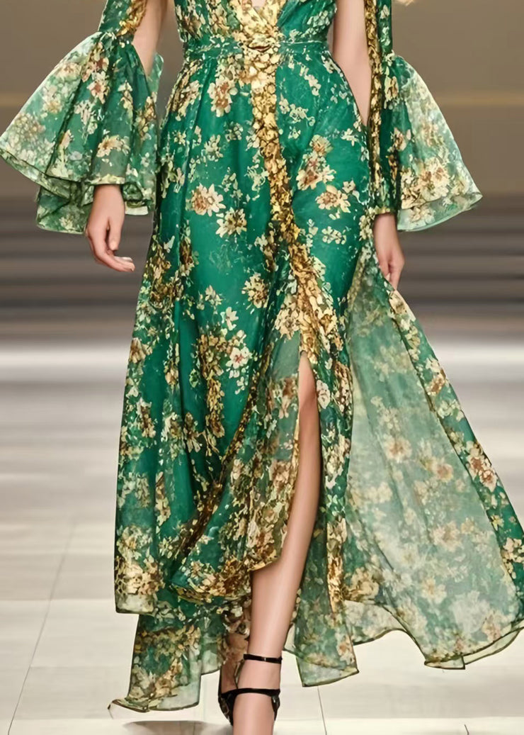 Beautiful Green Deep-V Neck Print Chiffon Party Dresses Flare Sleeve