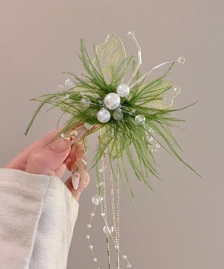 Beautiful Green Lace Feather Butterfly Pearl Tassel Hairpin