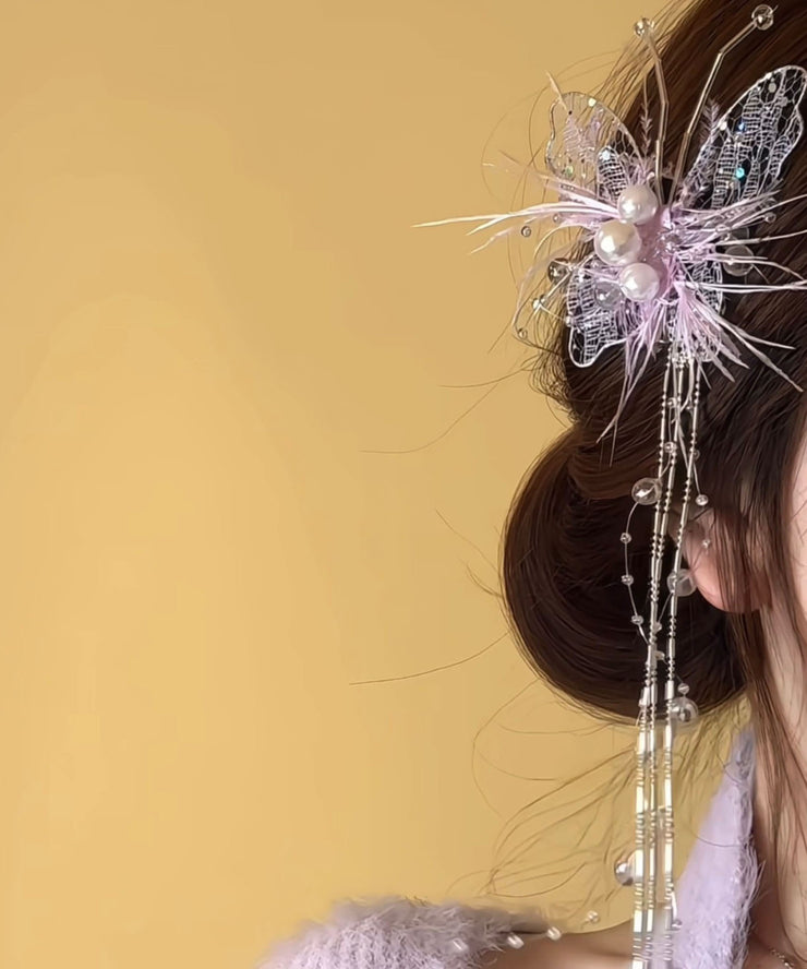 Beautiful Green Lace Feather Butterfly Pearl Tassel Hairpin
