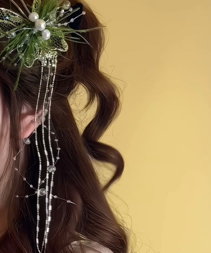 Beautiful Green Lace Feather Butterfly Pearl Tassel Hairpin