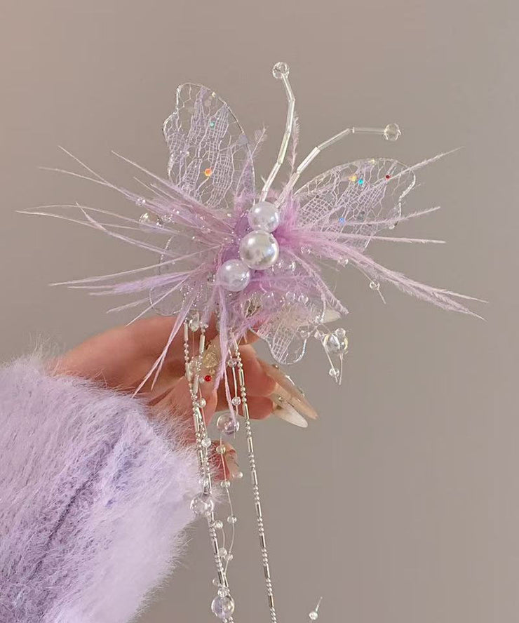 Beautiful Green Lace Feather Butterfly Pearl Tassel Hairpin