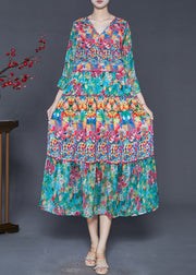Beautiful Green Print Chiffon Tea Dresses Bracelet Sleeve