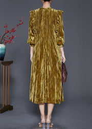 Beautiful Green Ruffled Wrinkled Silk Velvet Holiday Dress Spring