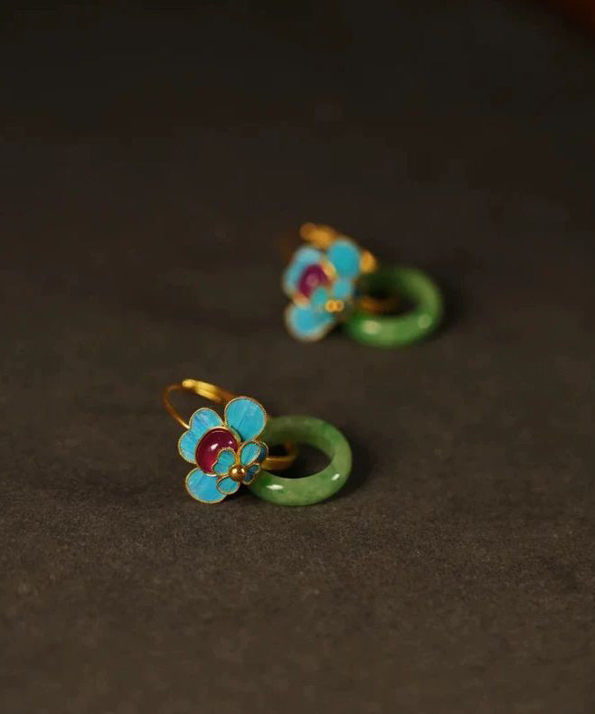 Beautiful Green Sterling Silver Overgild Jade Enamel Ping Buckle Hoop Earrings