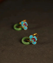 Beautiful Green Sterling Silver Overgild Jade Enamel Ping Buckle Hoop Earrings