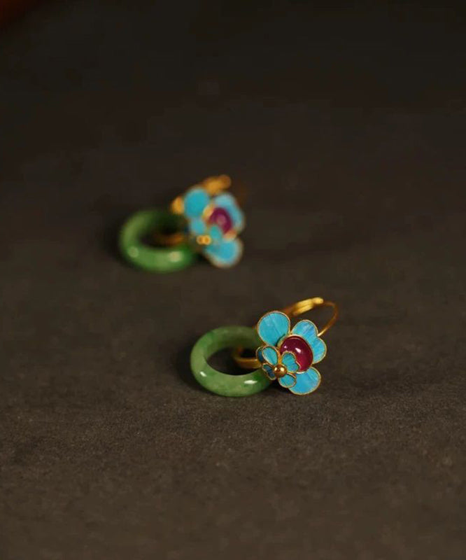 Beautiful Green Sterling Silver Overgild Jade Enamel Ping Buckle Hoop Earrings