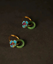 Beautiful Green Sterling Silver Overgild Jade Enamel Ping Buckle Hoop Earrings