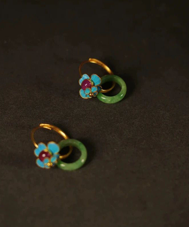 Beautiful Green Sterling Silver Overgild Jade Enamel Ping Buckle Hoop Earrings