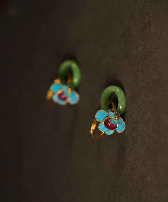 Beautiful Green Sterling Silver Overgild Jade Enamel Ping Buckle Hoop Earrings