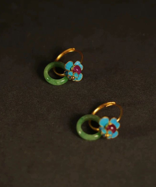 Beautiful Green Sterling Silver Overgild Jade Enamel Ping Buckle Hoop Earrings