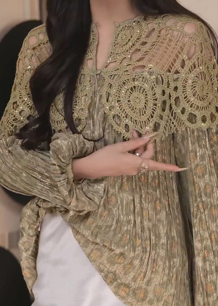 Beautiful Green V Neck Hollow Out Patchwork Cotton Shirt Fall