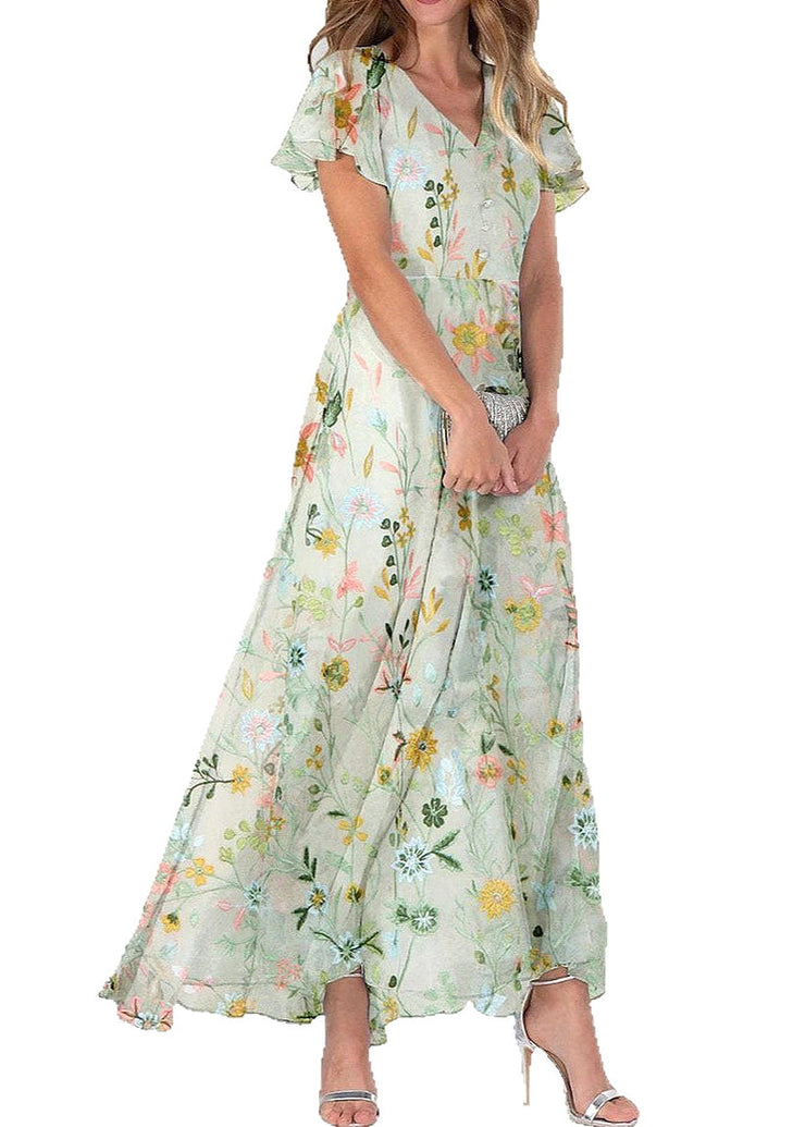 Beautiful Green V Neck Print Chiffon Long Dresses Summer