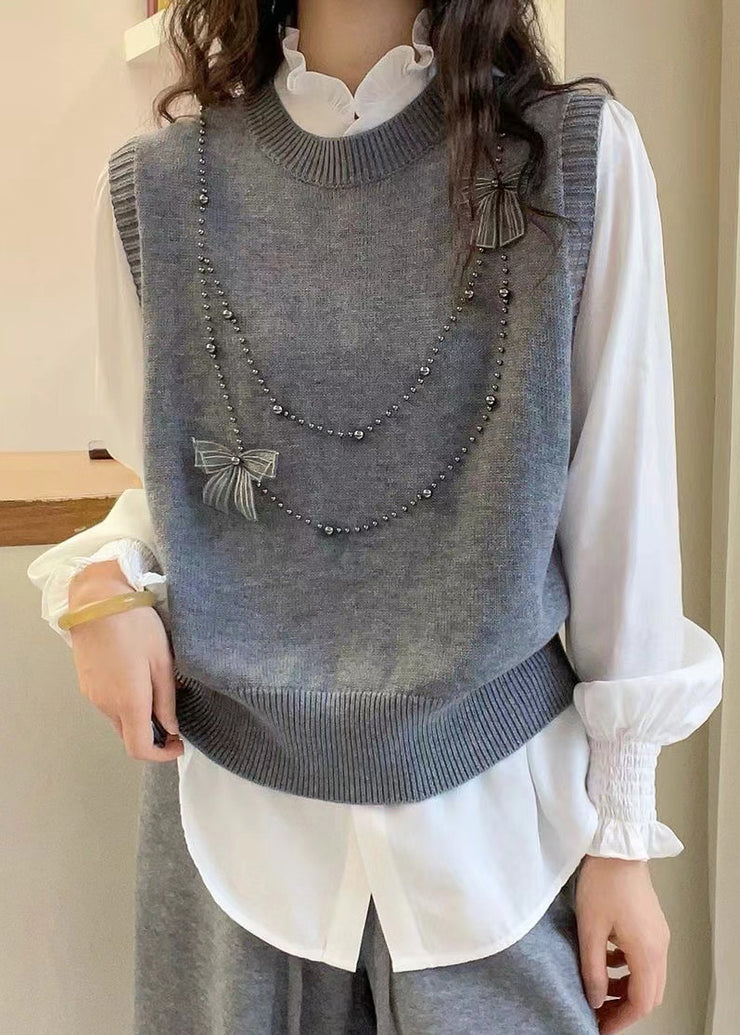 Beautiful Grey Butterfly Nail Bead Knit Vest Summer