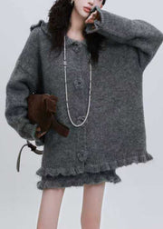 Beautiful Grey Floral Cotton Knit Hooded Cardigan And Skirts Two Pieces Set Puff Sleeve