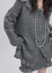 Beautiful Grey Floral Cotton Knit Hooded Cardigan And Skirts Two Pieces Set Puff Sleeve