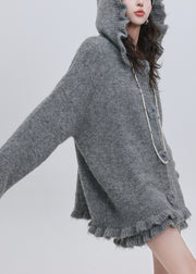 Beautiful Grey Floral Cotton Knit Hooded Cardigan And Skirts Two Pieces Set Puff Sleeve