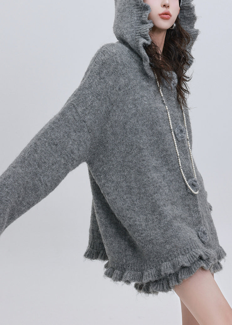 Beautiful Grey Floral Cotton Knit Hooded Cardigan And Skirts Two Pieces Set Puff Sleeve