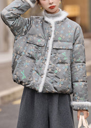 Beautiful Grey O Neck Jacquard Duck Down Winter Coats