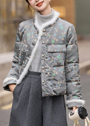 Beautiful Grey O Neck Jacquard Duck Down Winter Coats