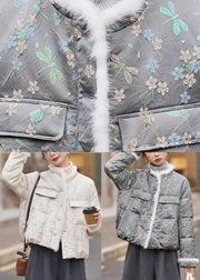 Beautiful Grey O Neck Jacquard Duck Down Winter Coats