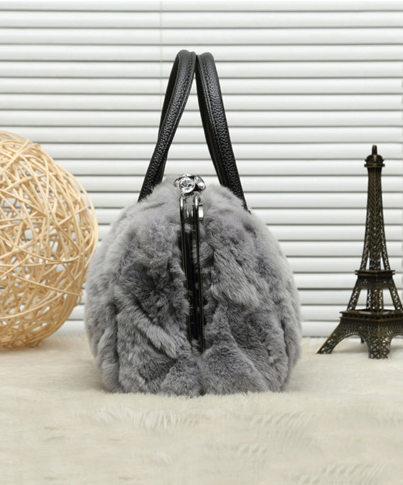 Beautiful Grey The Rabbit Wool Durable Satchel Handbag