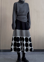 Beautiful Grey Turtle Neck Asymmetrical Design Knit Pullover Winter