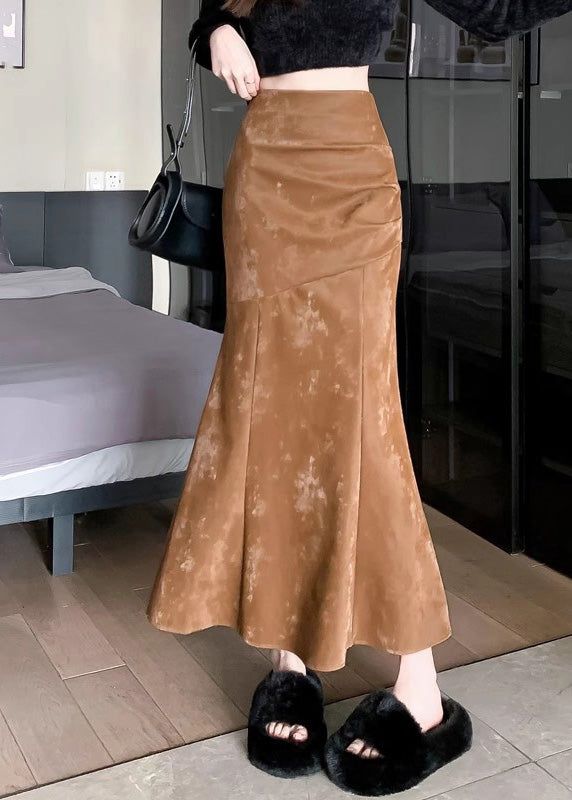 Beautiful Khaki High Waist Patchwork Silk Velvet Fishtail Skirt Fall