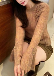 Beautiful Khaki O-Neck Floral Solid Cotton Knit Sweater Flare Sleeve