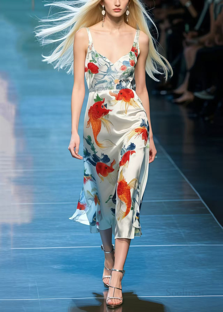Beautiful Koi Fish Print Draping Silk Cami Dresses Summer