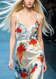 Beautiful Koi Fish Print Draping Silk Cami Dresses Summer