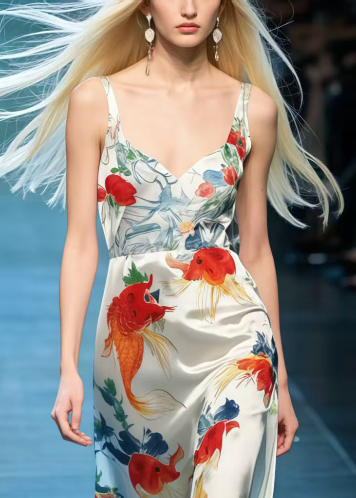 Beautiful Koi Fish Print Draping Silk Cami Dresses Summer