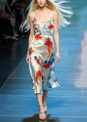 Beautiful Koi Fish Print Draping Silk Cami Dresses Summer